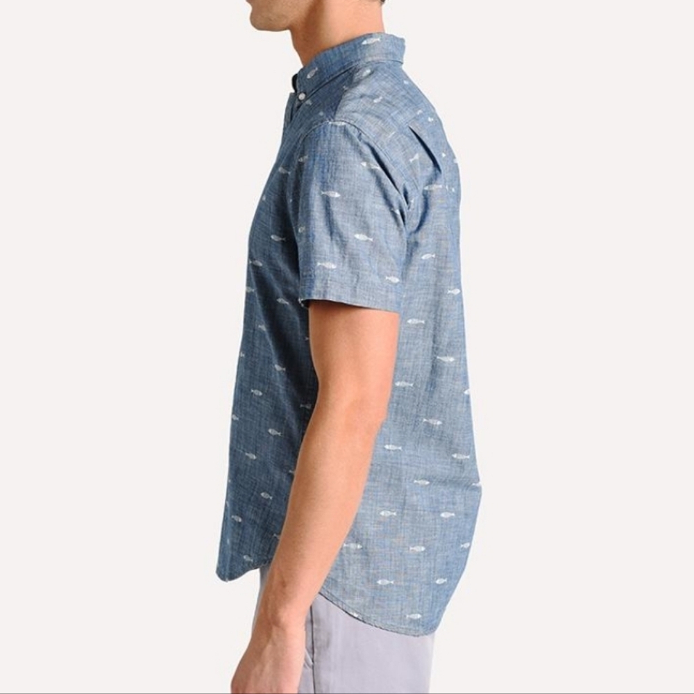 Bonobos - Riviera Slim Fit Print Sport Shirt In Chambray Sardeen -XL - Picture 4 of 12